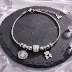 18K White Gold Plated Bear Charm Bracelet Rhinestone Beads Trendy Gift Jewelry